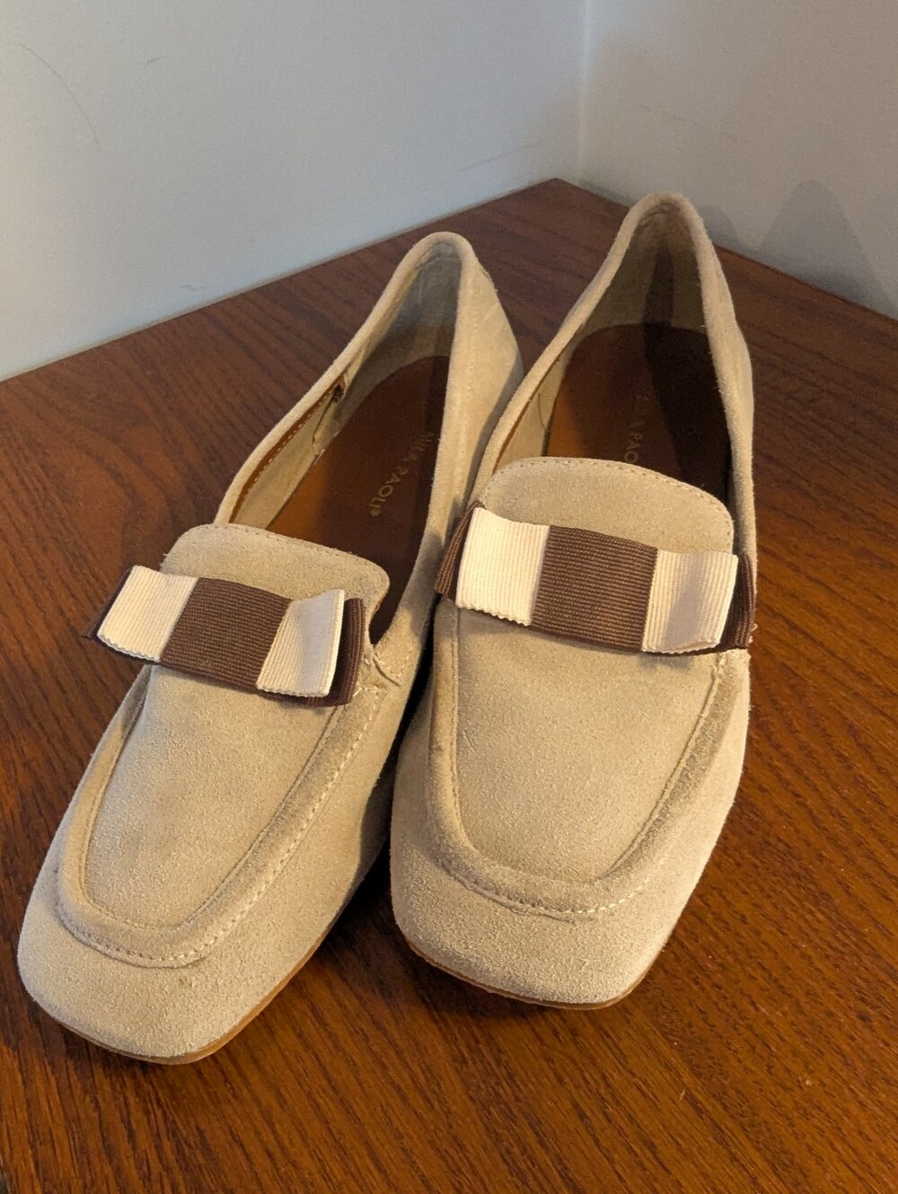 Mila Paoli Khaki & Ivory suede Woman's Loafers with bow & Neutral Tones Sz 39